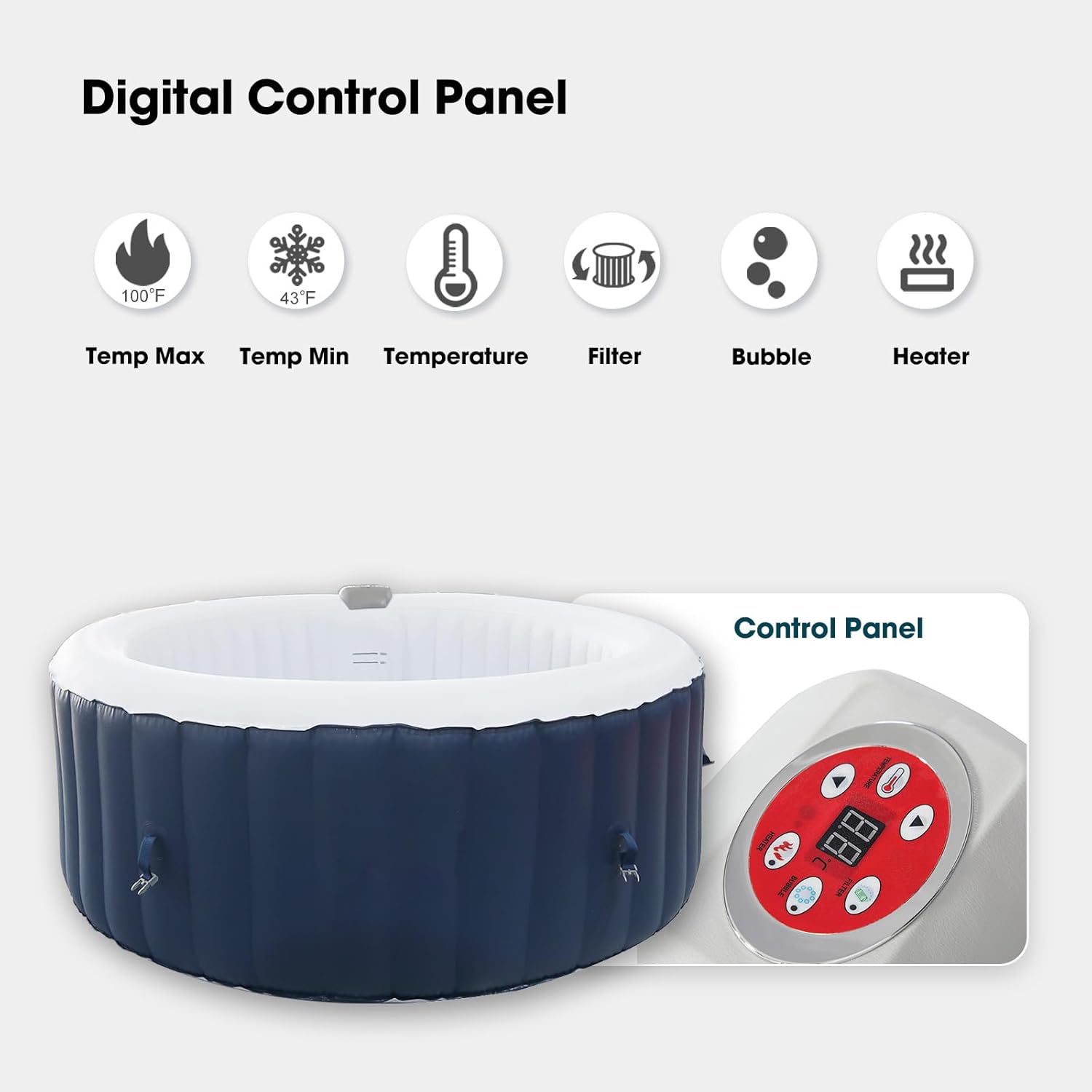 Portable Inflatable Hot Tub 2-4 Person 110 Air Jets, Portable Blow Up Hottub Spa with Cover, Built in Heater Pump, Round Outdoor Spa, 2 Filters