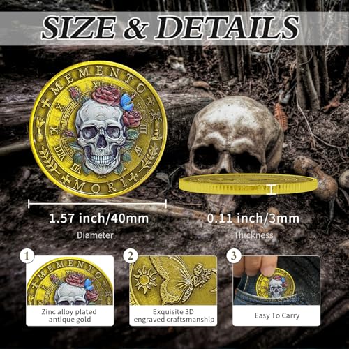 AtSKnSK Memento Mori Münze Memento Vivere Münze Totenkopf Lebensbaum Medaillon Chip Stoische Praxis Stoische Erinnerungsmünze Wander Münze (Antique Silver)