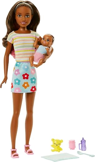 Barbie Dolls and Accessories, Brunette Skipper™ Doll with Baby Figure and 5 Accessories, Babysitters Inc.™ Playset