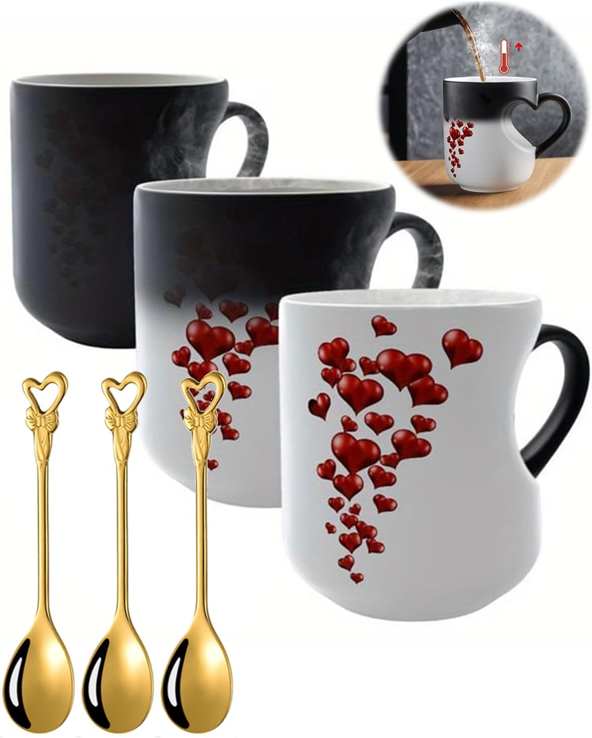 Heart-Shaped Color Changing Magic Ceramic Mug - 11oz Magic Heart Shape Changing Mugs with Dual-Side Heart Print, Romantic Heart Coffee Mug with Spoon, Romantic Surprise Gift (3PCS)