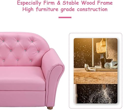 Miniatura 4 de Sofá princesa para niños, 2 sofás para niños, sillón tapizado con respaldo alto y reposabrazos anchos, sofá de poliuretano de madera para niños