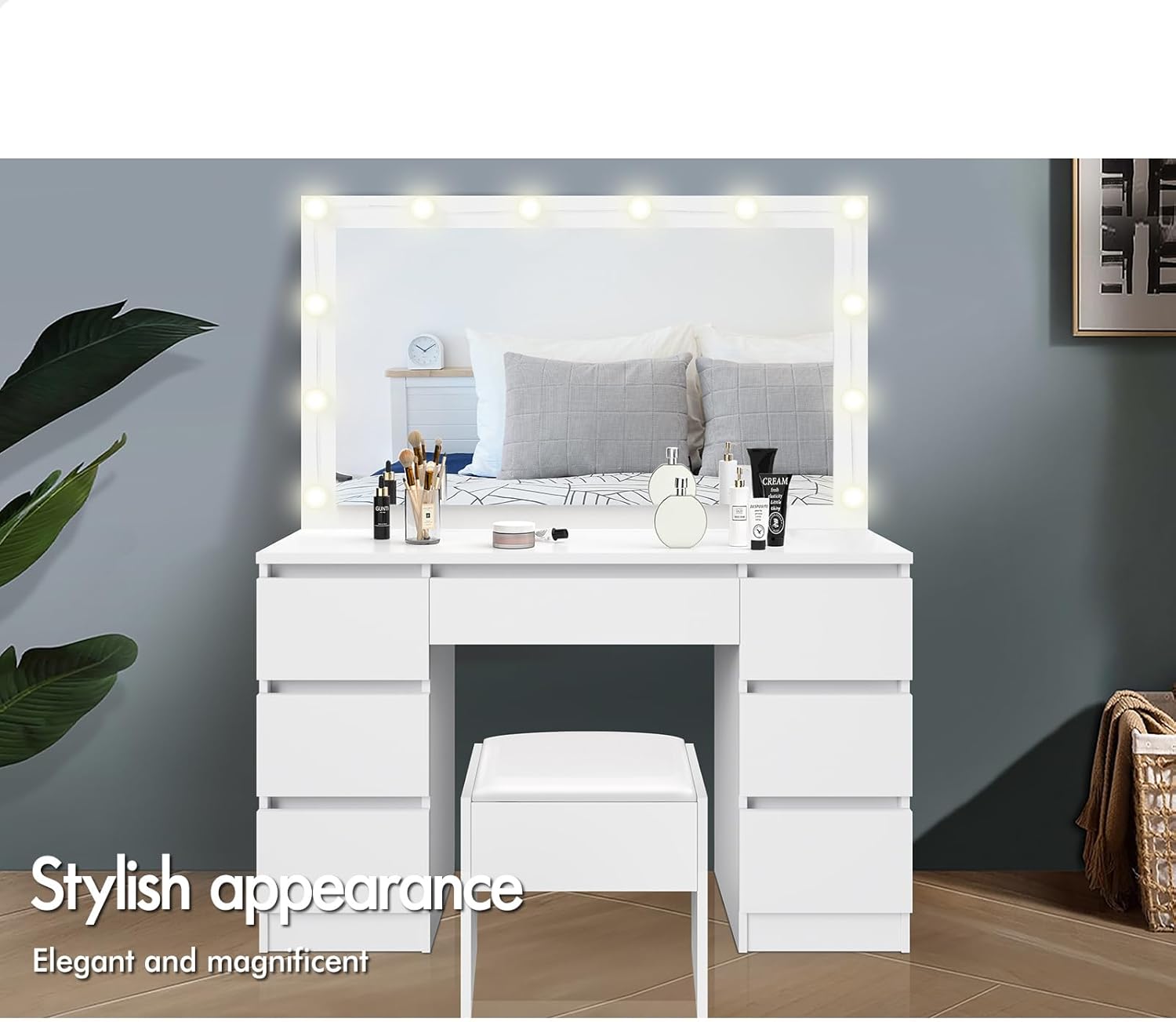 Dressing Table Stool Set with Storage Drawers and Chair, Makeup Mirror Desk with Mirror 12 LED Bulbs Adjustable 10 Brightness Levels, Dresser Vanity Table Organiser for Dressing Room, White