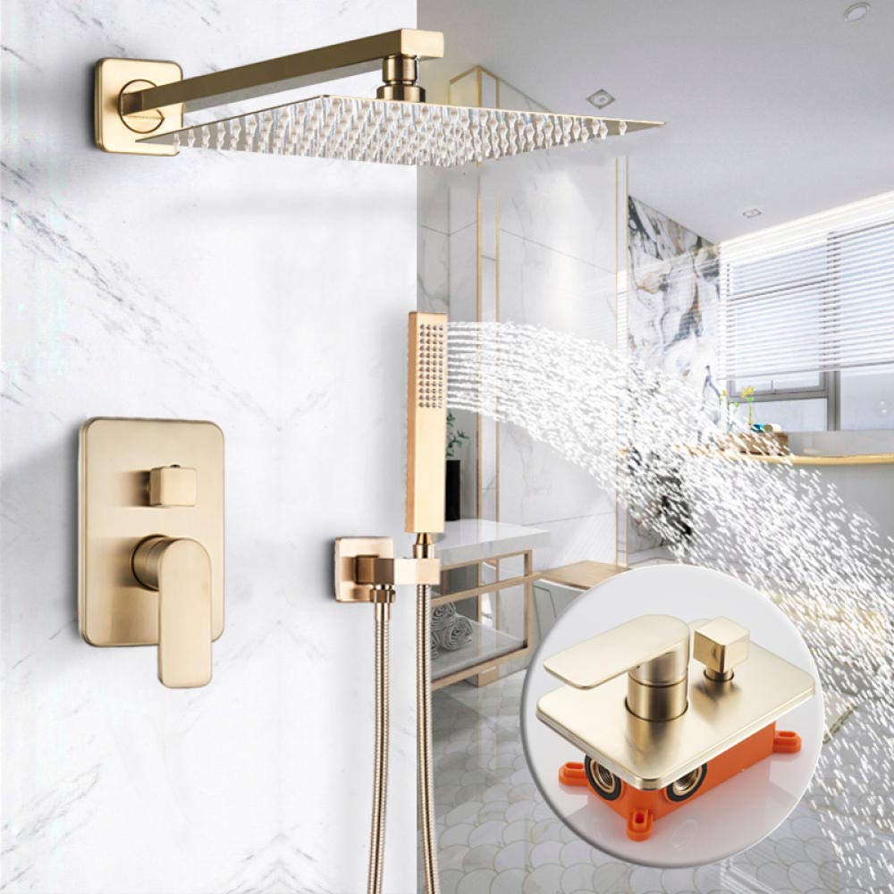 ASerZenith Brushed Gold Shower Faucet Wall Mounted Rainfall Bath Shower Faucet Set with Hand Shower Single Handle Rain Shower Mixer Tap(16In Shower Set)