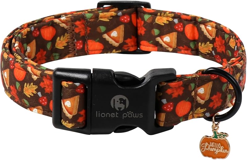 Coleira para Cães com Estampa de Folhas, Fivela Plástica e Pingente de Abóbora lionet paws, Ajustável XS
