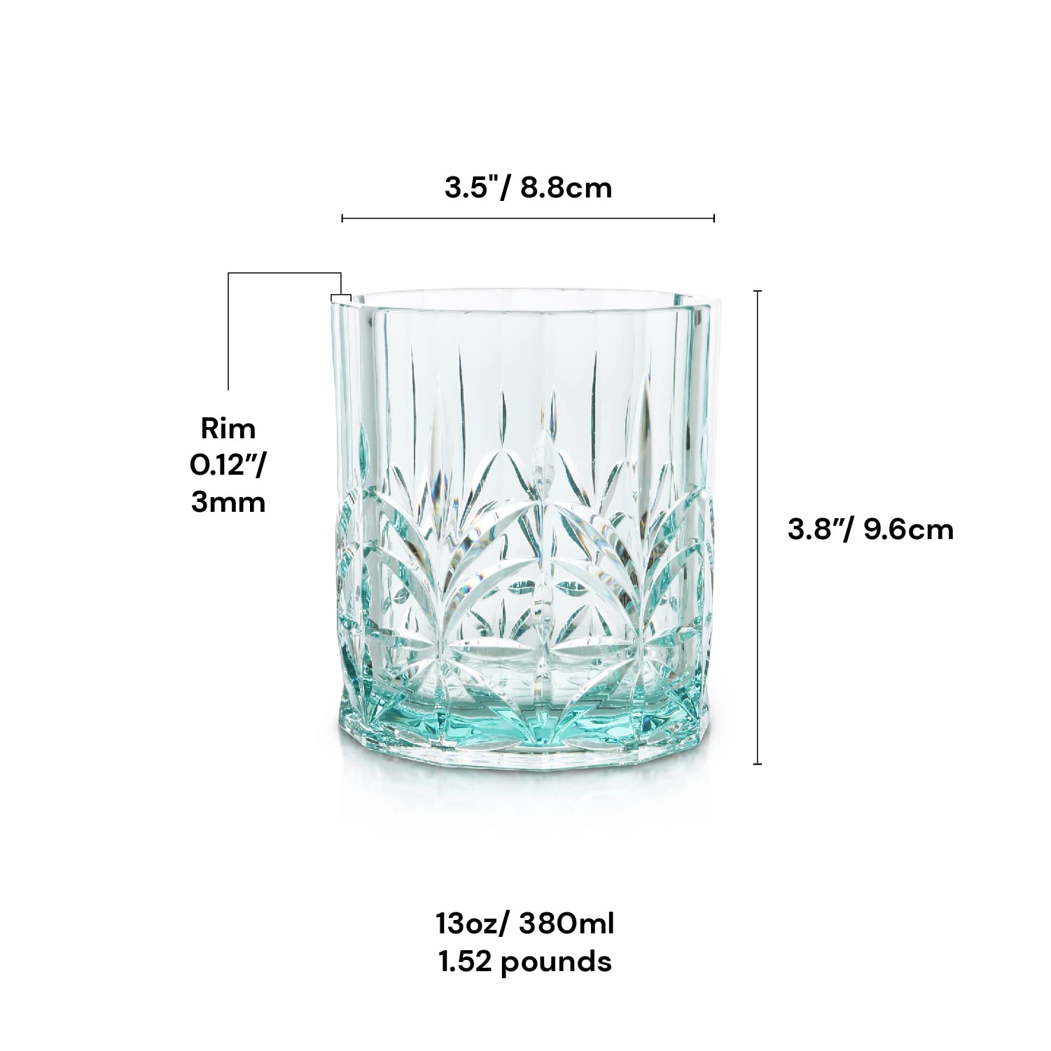 BELLAFORTE Kurzes Trinkglas aus bruchsicherem Tritan-Kunststoff, 370 ml, Myrtle Beach, unzerbrechlich, Kristallschliff, altmodische Trinkgläser für Whiskey, BPA-frei, spülmaschinenfest, Blaugrün, 4