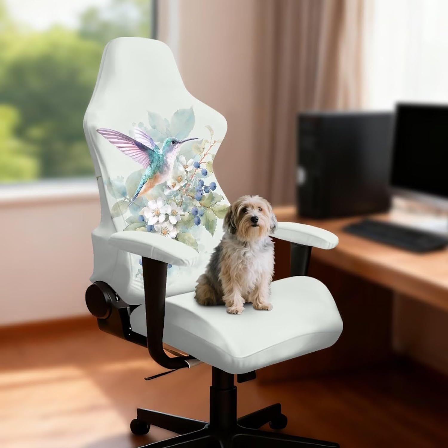 Hummingbird Magnolia Flower Gaming Chair Covers 4 Pieces Stretchable Office Desk Chair Cover Reusable Rotating Gaming Chair Protector Cover Gamer Room Decor image 2