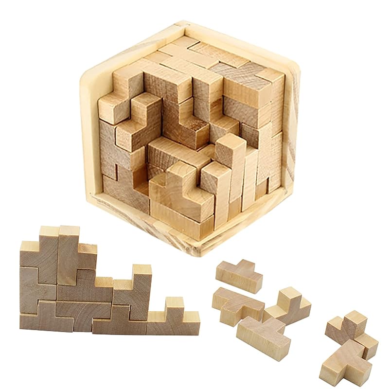AHYUAN Wooden Brain Teaser Puzzles Cube Stocking Stuffers Wooden Puzzles T-Shaped Jigsaw Logic Puzzle Educational Games Toy for Kids and Adults (Natural)