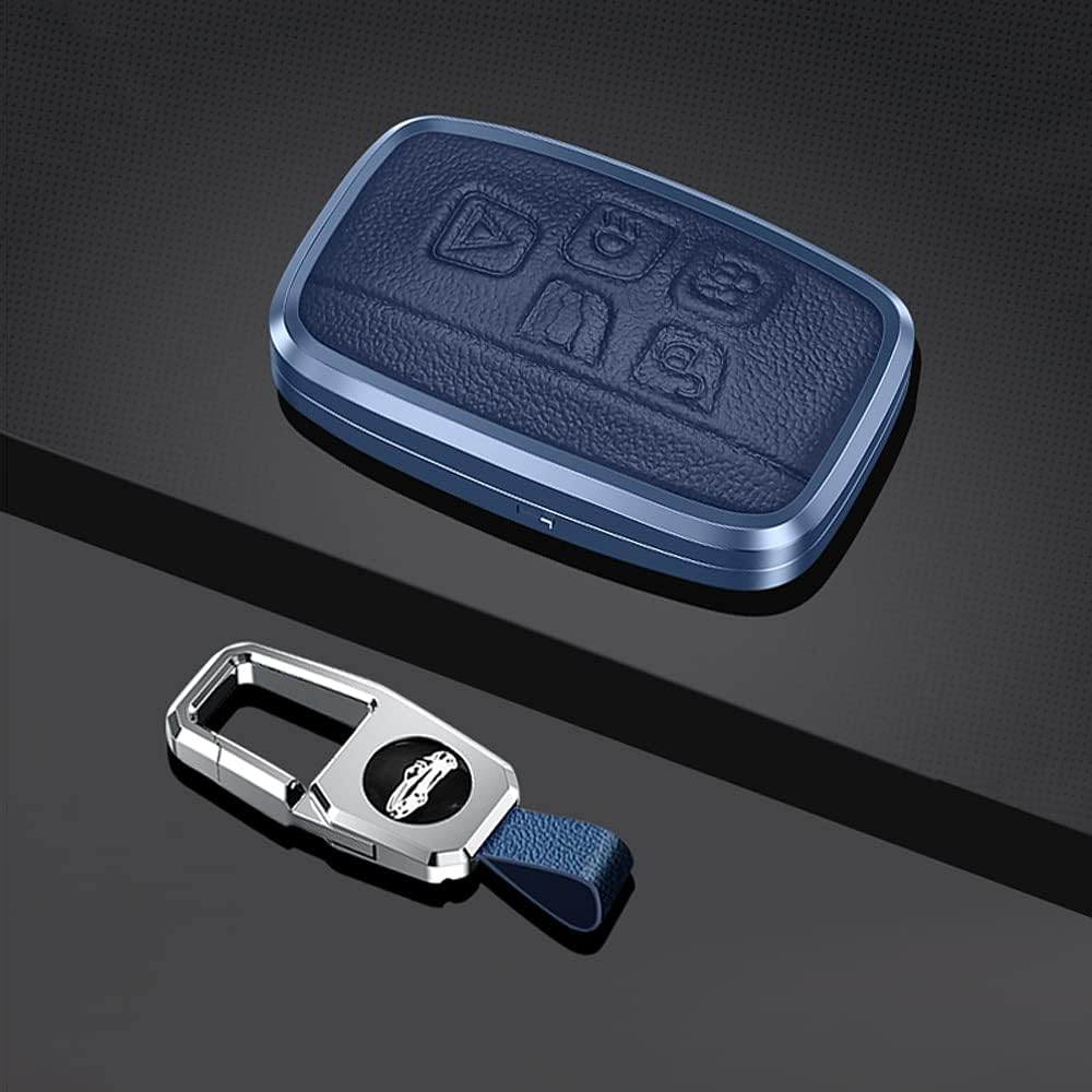 SANRILY 1pcs for Range Rover Key Cover Full Protection Metal Leather Key Fob Case fit for Land rover Discovery Sport LR4 Jaguar Keyless Keychain Holder Blue