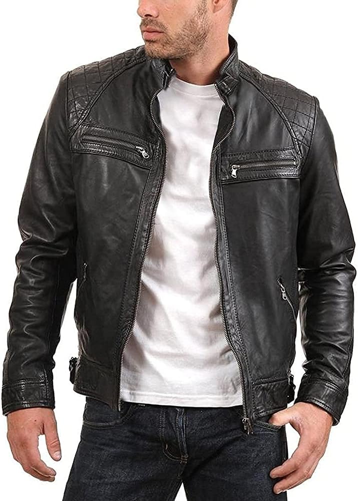 Fashion Design Men Leather Jacket - Black Lambskin Vintage Style (Black, Large)