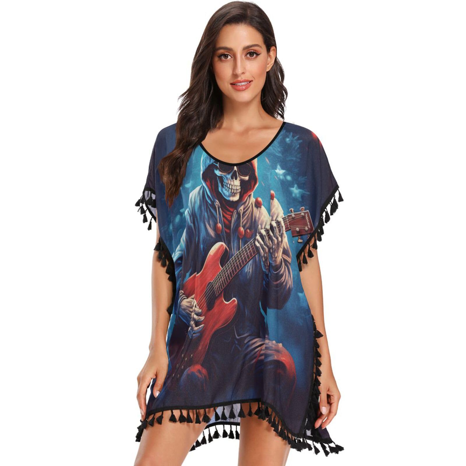 KAAVIYO Blue Christmas Skull Guitar Women's Beach Cover Up Chiffon Tassel Swimwear Swimsuit Coverups for Girl