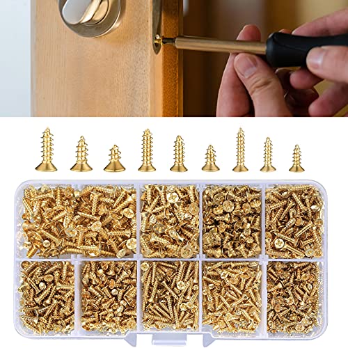 1080 Stücke Kleine Selbstschneidende Schrauben, M2/M2.5/M3 Holzschrauben, 6mm/8mm/10mm Flachkopf Kreuzkopf Blechschrauben Schrauben Set für Bürogeräte, Holzmöbel. (Gold)