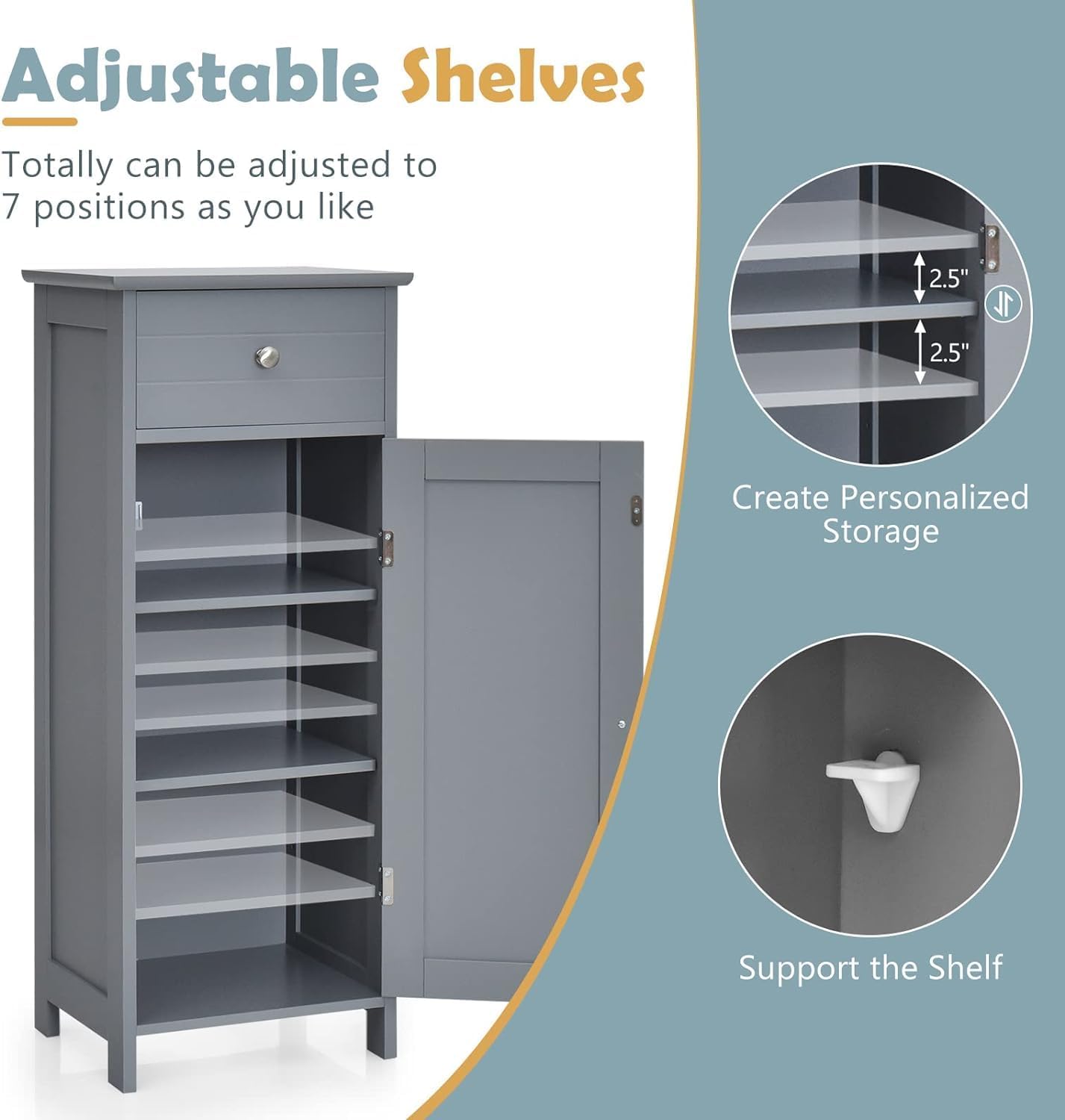 Bathroom Floor Cabinet, Freestanding Side Floor Storage Cabinet, 1 Large Drawer and 2 Adjustable Shelves, Modern Storage Cabinet Bathroom Storage Cabinet for Narrow Space (Grey)