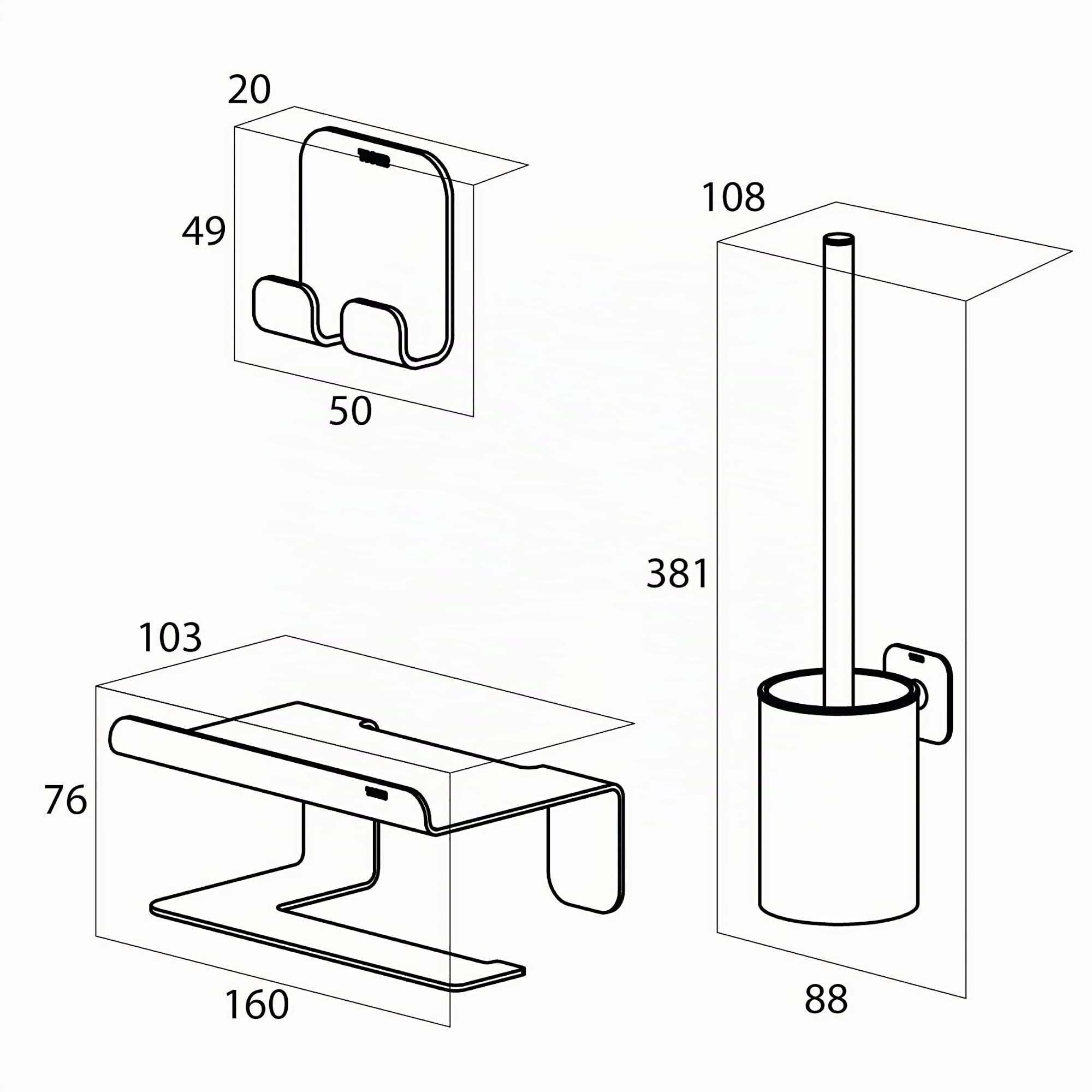 Tiger Colar Badaccessoire-Set, 3-teilig, bestehend aus Toilettenpapierhalter mit Ablage, Haken und WC-Bürste zur Wandbefestigung, Montage ohne Bohren Dank integrierter Klebefolie, Edelstahl poliert