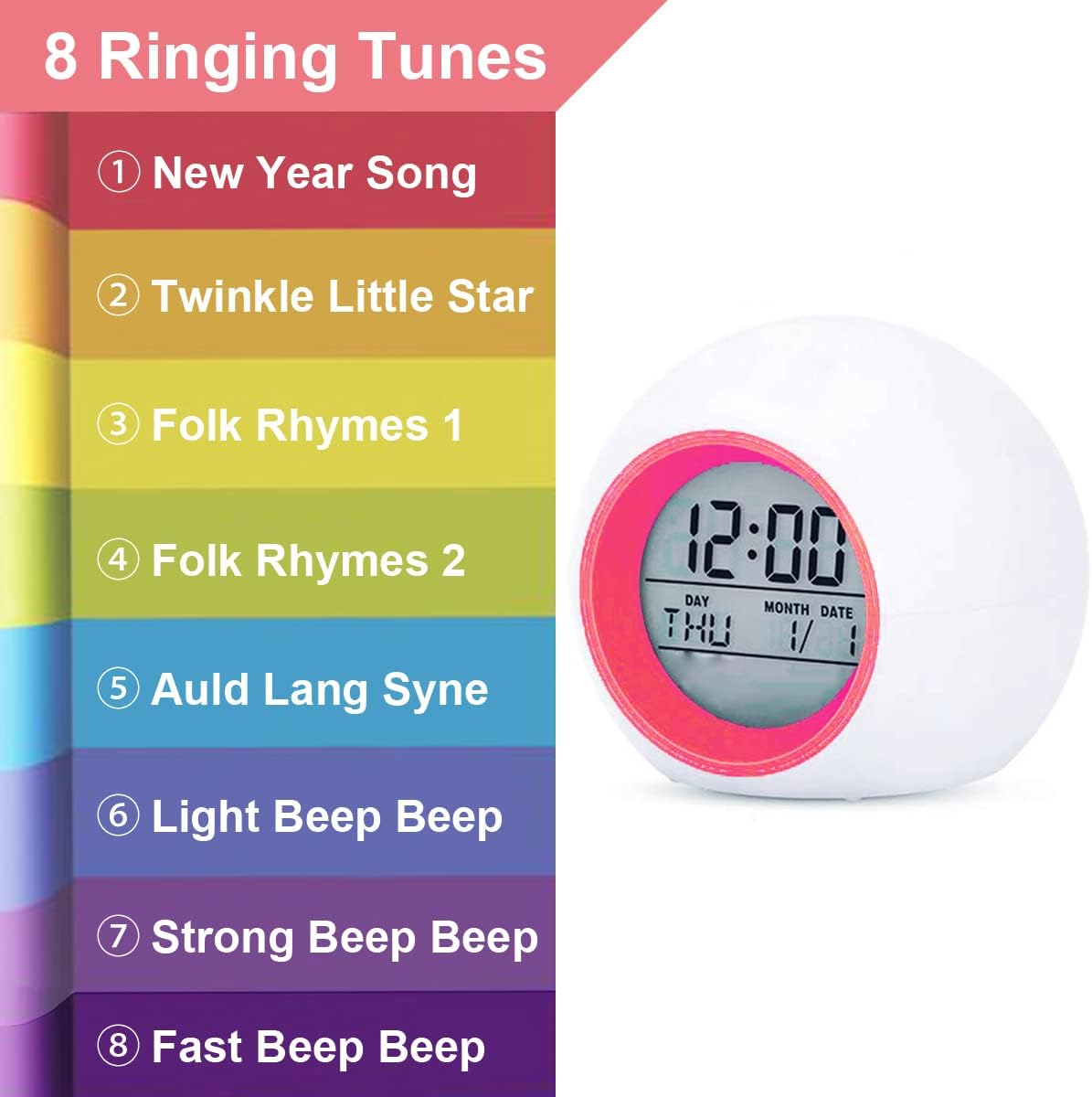Kids Digital Alarm Clock, 7 Color Night Light, Snooze, Temperature Detect for Toddler, Children Boys and Girls, Students to Wake up at Bedroom, Bedside, Batteries Operated (RED)