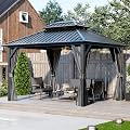 Zolyndo 10x12ft Outdoor Hardtop Gazebo with Netting and Curtains, Heavy-Duty Galvanized Aluminum Frame Gazebo with 2-Tier Waterproof Metal Roof for Patio, Backyard, Deck and Lawns, Black