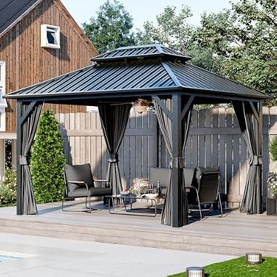 Zolyndo 10x12ft Outdoor Hardtop Gazebo with Netting and Curtains, Heavy-Duty Galvanized Aluminum Frame Gazebo with 2-Tier Waterproof Metal Roof for Patio, Backyard, Deck and Lawns, Black