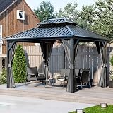 Zolyndo 10x10ft Outdoor Hardtop Gazebo with Netting and Curtains, Heavy-Duty Galvanized Aluminum Frame Gazebo with 2-Tier Waterproof Metal Roof for Patio, Backyard, Deck and Lawns, Black