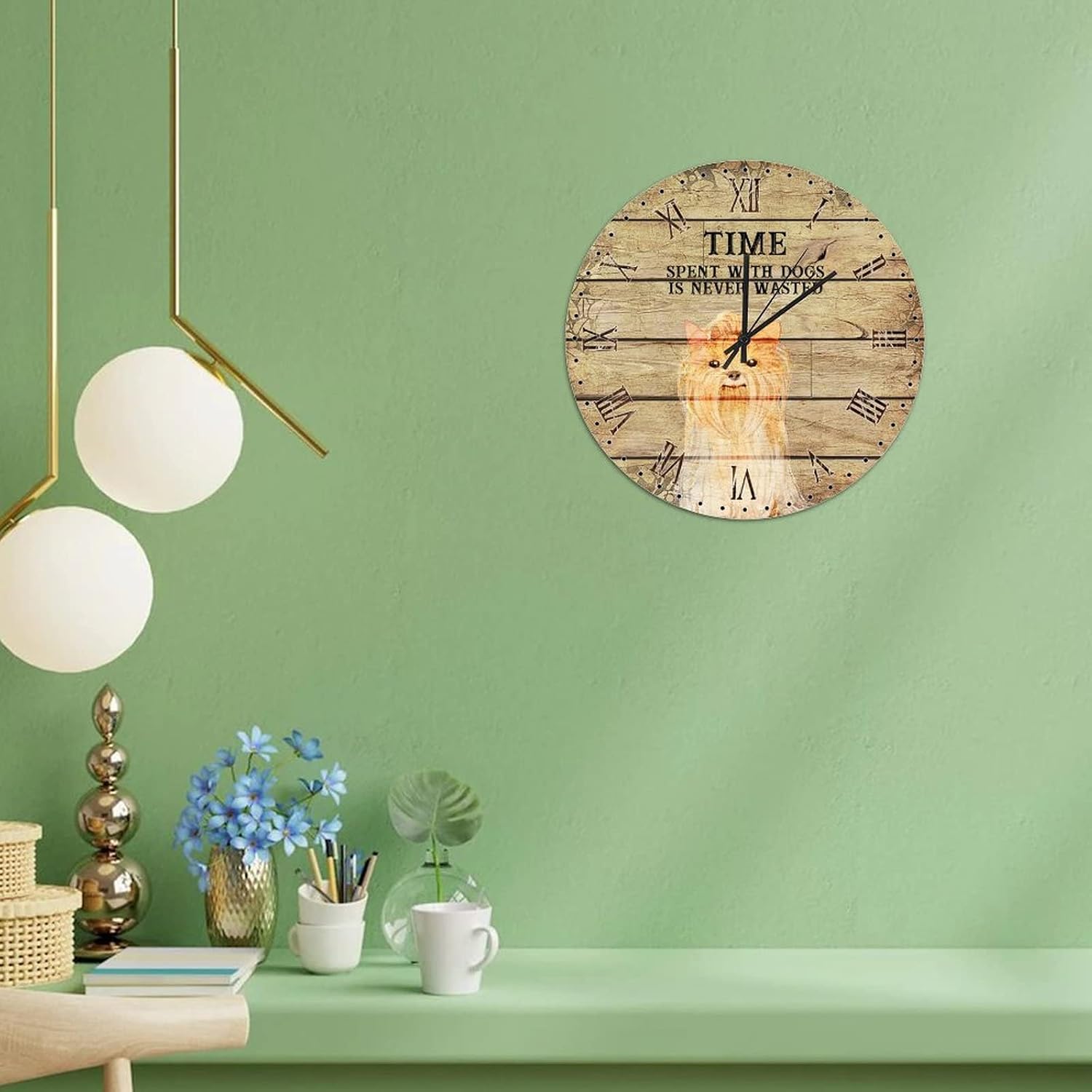 Hanging Clock 10in Terrier Dog Owner Wooden Clock Time Spent with Dogs is Never Wasted Coastal Style Silent Battery Operated Animal Funny Novelty Artwork for Mantel Sewing Room Shop Terrace