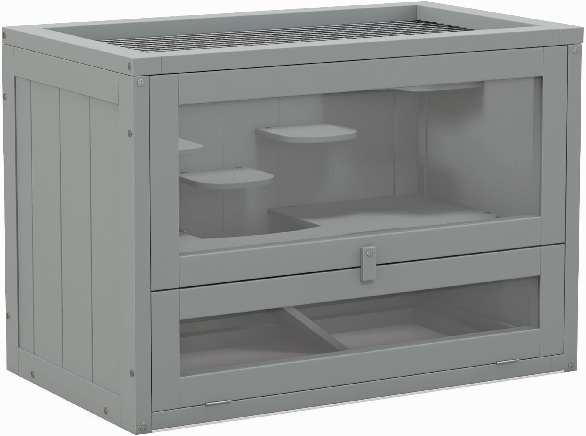 2-Level Hamster Cage Mice and Rat House, Small Animal Habitat for Chinchillas with Openable Top, Front Door, Shelf and Ladder, Gray