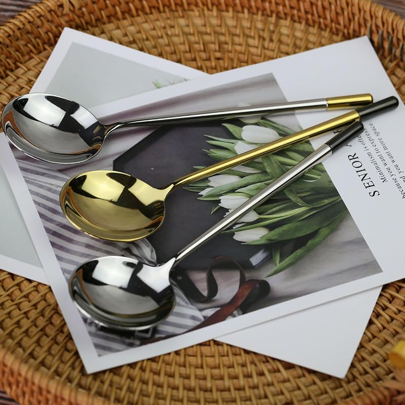 Silverware Flatware Set, 1/4/6/8/10/12 Pcs 304 Stainless Steel Mirror Round Handle Soup Spoon Modern Simple Household Round Spoon Soup Thick Contrast Color Dessert Spoon(Color:Gold silver,S