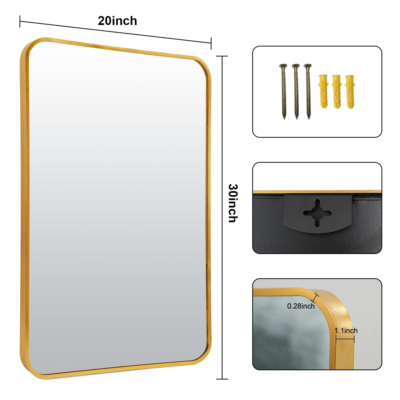 rozycher Gold Btahroom Mirror 20x30 Inch, Rectangle Mirror with Metal Frame, Gold Vanity Mirror, Decorative Rectanlge Wall Mirror for Bathroom, Living Room,Bedroom, Hangs Horizontal Or Vertical