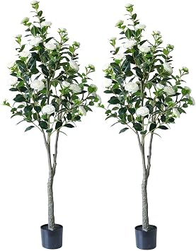 Zstar 180 cm Artificial Camellia Tree, Pack of 2 Large Artificial Camellia Plants in Pot with Flowers for Indoor Decoration, Large Realistic Plants Camellia Tree Decoration for Home, Living Room,