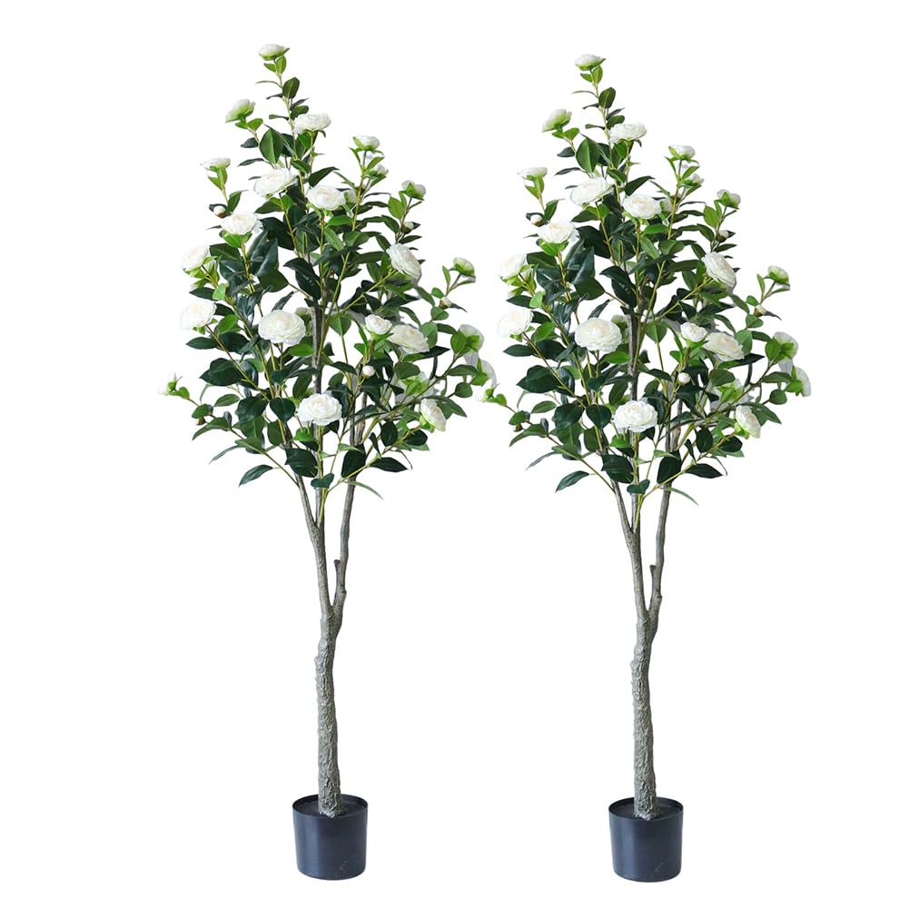 Zstar 180 cm Árbol de Camelia Artificial, 2 Unidades Grandes Plantas Artificiales de Camelia en Maceta con Flores para decoración de Interiores, Plantas Grandes realistas, decoración para el hogar,