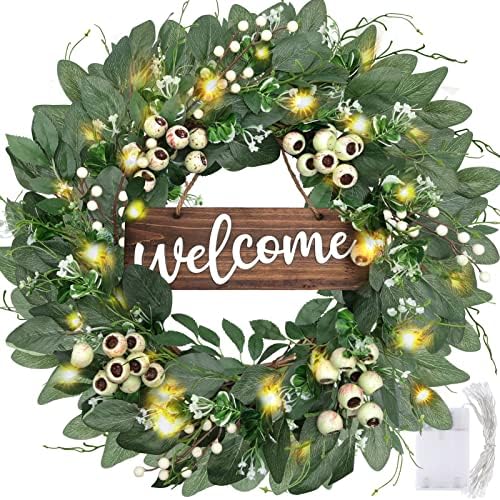 Summer Wreaths for Front Door, 20'' Summer Door Wreath with Welcome Sign, Artificial Greenery Wreath with Berries & Light String, Natural Vine Wreaths for Front Door Indoor Outdoor Home Wall Window