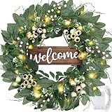 Summer Wreaths for Front Door, 20'' Summer Door Wreath with Welcome Sign, Artificial Greenery Wreath