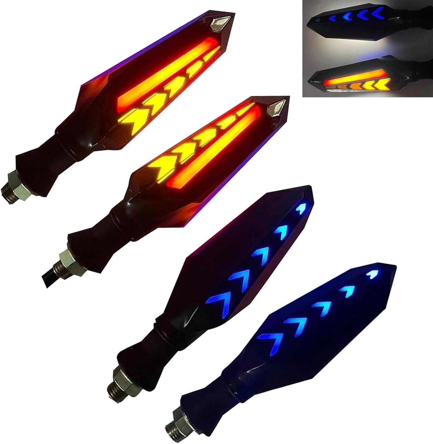4 PCS Motorcycle Turn Signal Lights, LED Arrow-shaped Indicator with Yellow Flowing Light Effect, Dual-sided Daytime Running Blinker, Universal Cool Modified Accessory for Motorcycle (Red)