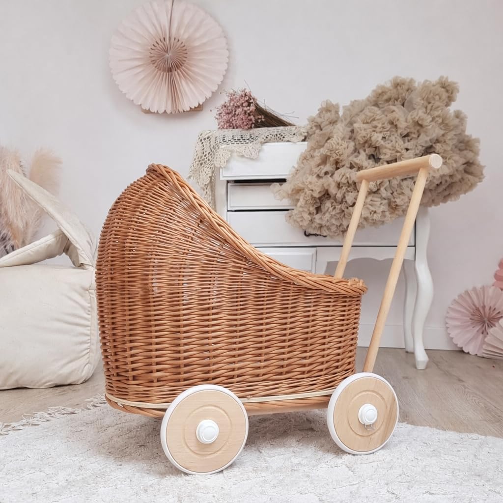 Vintage Wicker Flower Display Basket with Wheels – Handwoven Rattan Decor Cart for New Event Celebration, Wedding & Nursery Styling