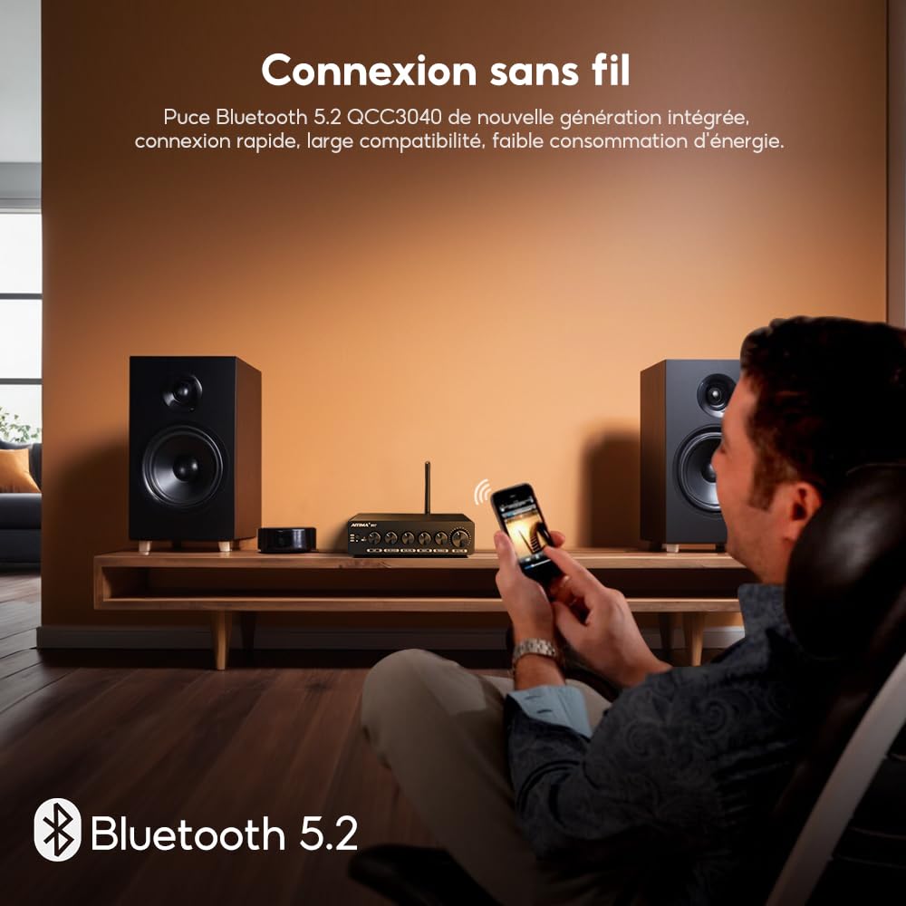 AIYIMA B07 amplificateur Bluetooth 5.2 TPA3255 2.1 canaux Caisson de Basses 300Wx2 + 300W pour Haut-parleurs de bibliothèque de Bureau à Domicile caissons de Basses avec Alimentation auxiliaire