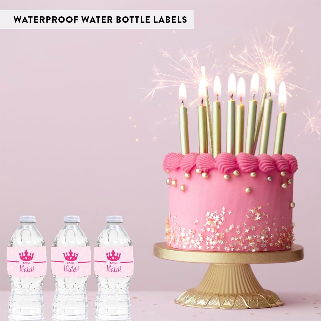 Andaz Press Birthday Princess Crown Water Bottle Labels Stickers, 20-Pack, Pink, for Happy Birthday