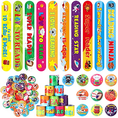 Frienda 60 Pcs Love to Read Slap Bracelets with Reading Button Pins Bulk Pack Retro Reading Reward Bracelets Badges for Classroom Teacher Student Prizes Book Week Sunday School Library Incentives