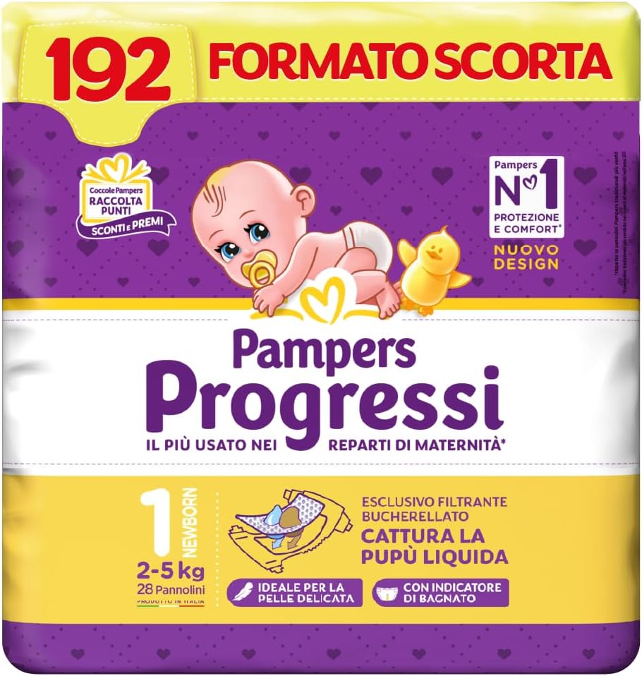 Pampers Progressi Newborn, Taglia 1 (2-5 kg), Formato Scorta, Indicatore di Bagnato, Protezione Pelli Delicate Prima Infanzia, Linguette Rinforzate,
