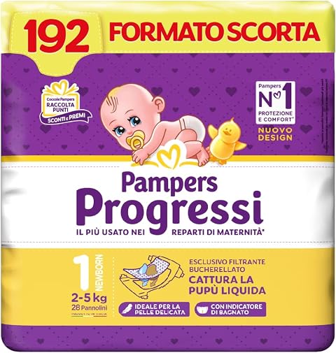 Pampers Progressi Newborn, Taglia 1 (2-5 kg), Formato Scorta, Indicatore di Bagnato, Protezione Pelli Delicate Prima Infanzia, Linguette Rinforzate, Anti-Fuoriuscite, 192 Pannolini Neonato