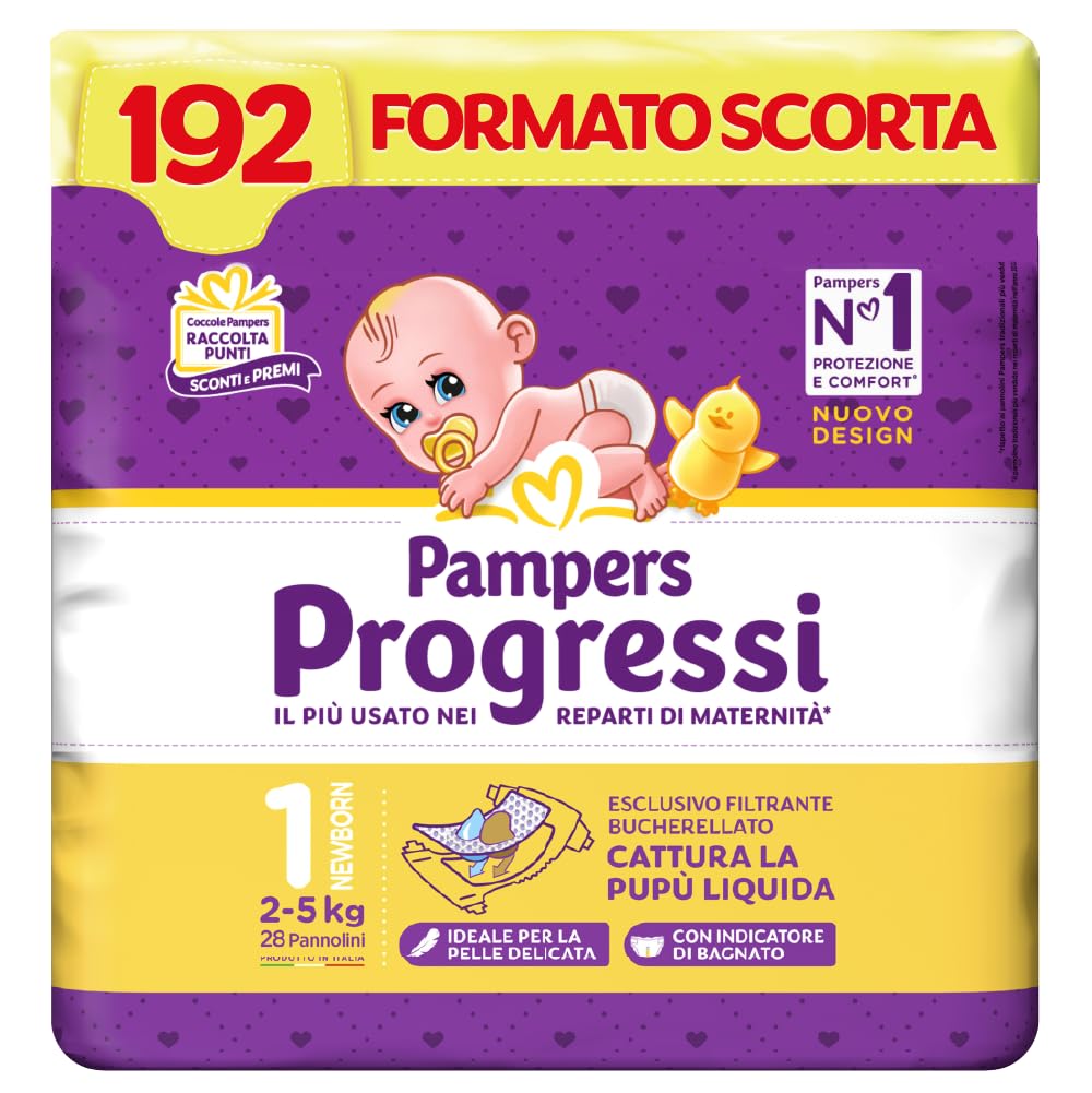 Pampers Progressi Newborn, Taglia 1 (2-5 kg), Formato Scorta, Indicatore di Bagnato, Protezione Pelli Delicate Prima Infanzia, Linguette Rinforzate, Anti-Fuoriuscite, 192 Pannolini Neonato