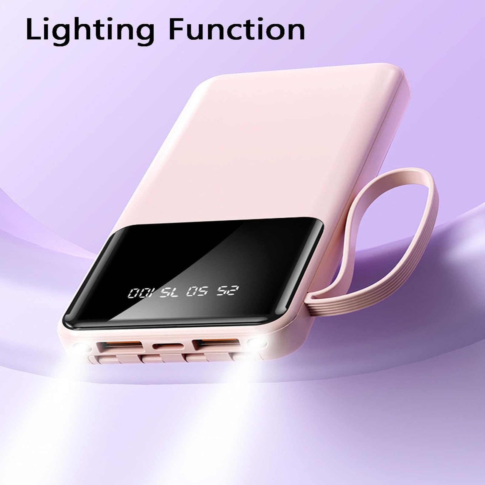 Caricabatterie Portatile Power Bank 20000Mah Display Power Bank, Ricarica Rapida, Power Bank per Ricarica Rapida del Telefono Cellulare, Alimentatore Mobile A 4 Fili,Rosa