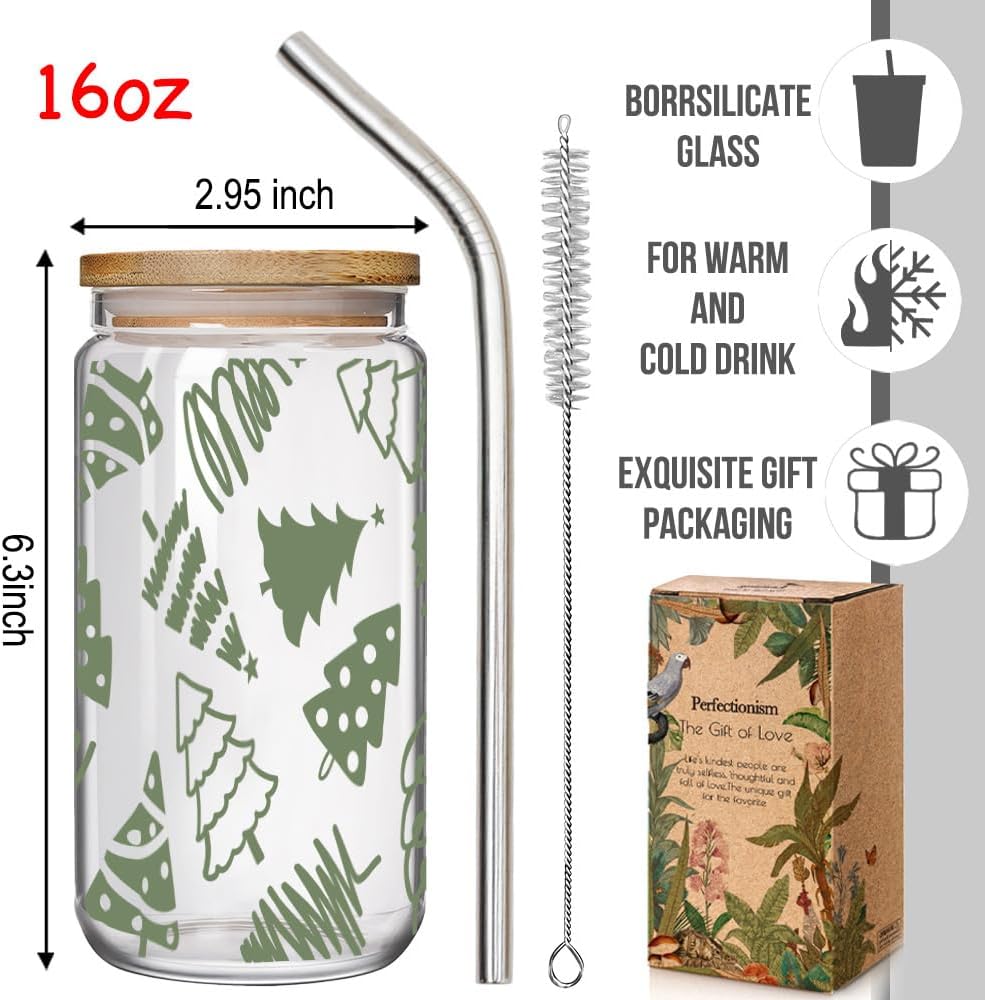Green Christmas Tree 16oz Iced Coffee Cup Gift for Sister Women Friends, Christmas Can Glass Reusable Beer Can Cup with Lid and Straw for Christmas Decor, Practical Birthday Gift - Image 6