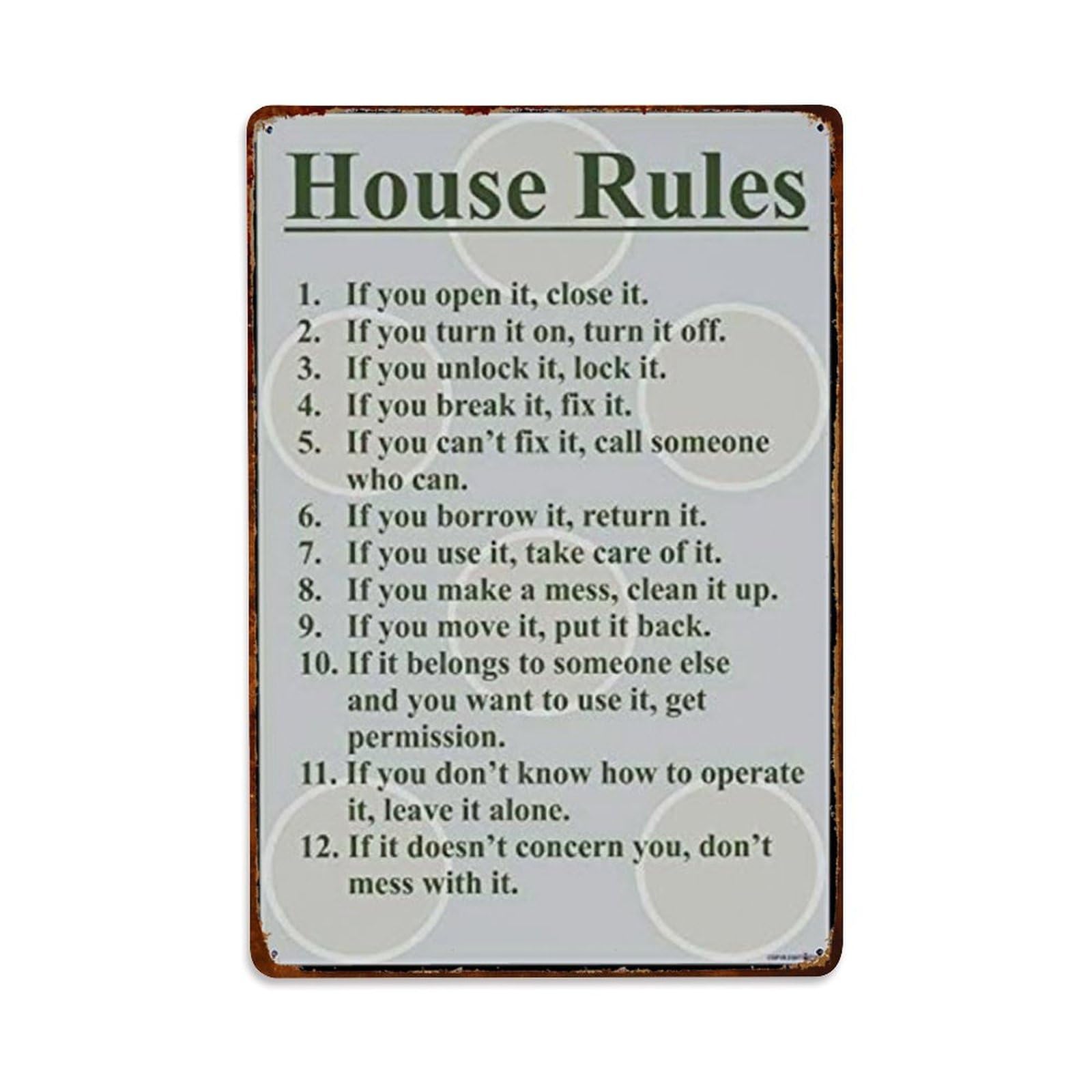 Rkundrne Vintage House Rules Funny Metal Tin Sign Garden Bedroom Cafe Bar Man Cave Home Wall Decor Metal Poster 8X12 In