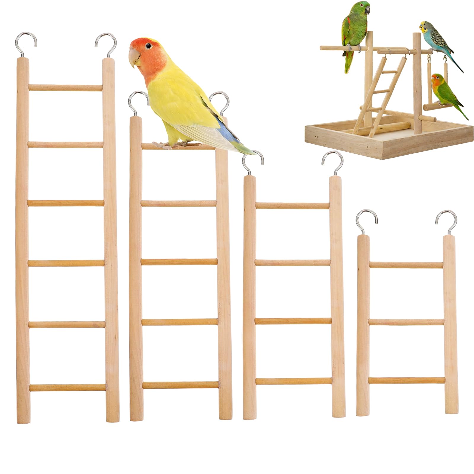 Wooden Bird Ladder Set for Cage – 4 Pcs Bird Ladders with 3 4 5 6 Steps – Natural Wood Climbing Ladders for Parakeets Budgies Parrots – Bird Cage Accessories and Budgie Toys