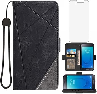 Compatible with Samsung Galaxy J2 Pure J2 Core 2018 2020 J 2 Dash 2J Shine 2019 Wallet Case Tempered Glass Screen Protector Stand Cell Phone Cover for J2Core J2Dash J2Pure J2Shine SM-J260A J260A Black