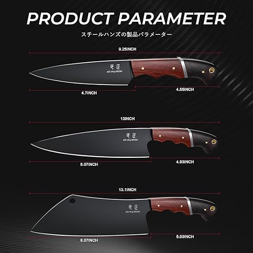 Miniatura 7 de Juego de cuchillos de chef japoneses, 3 piezas de cuchillos de cocina para cocinar, juego de cuchillos de carnicero con mango de madera de espiga