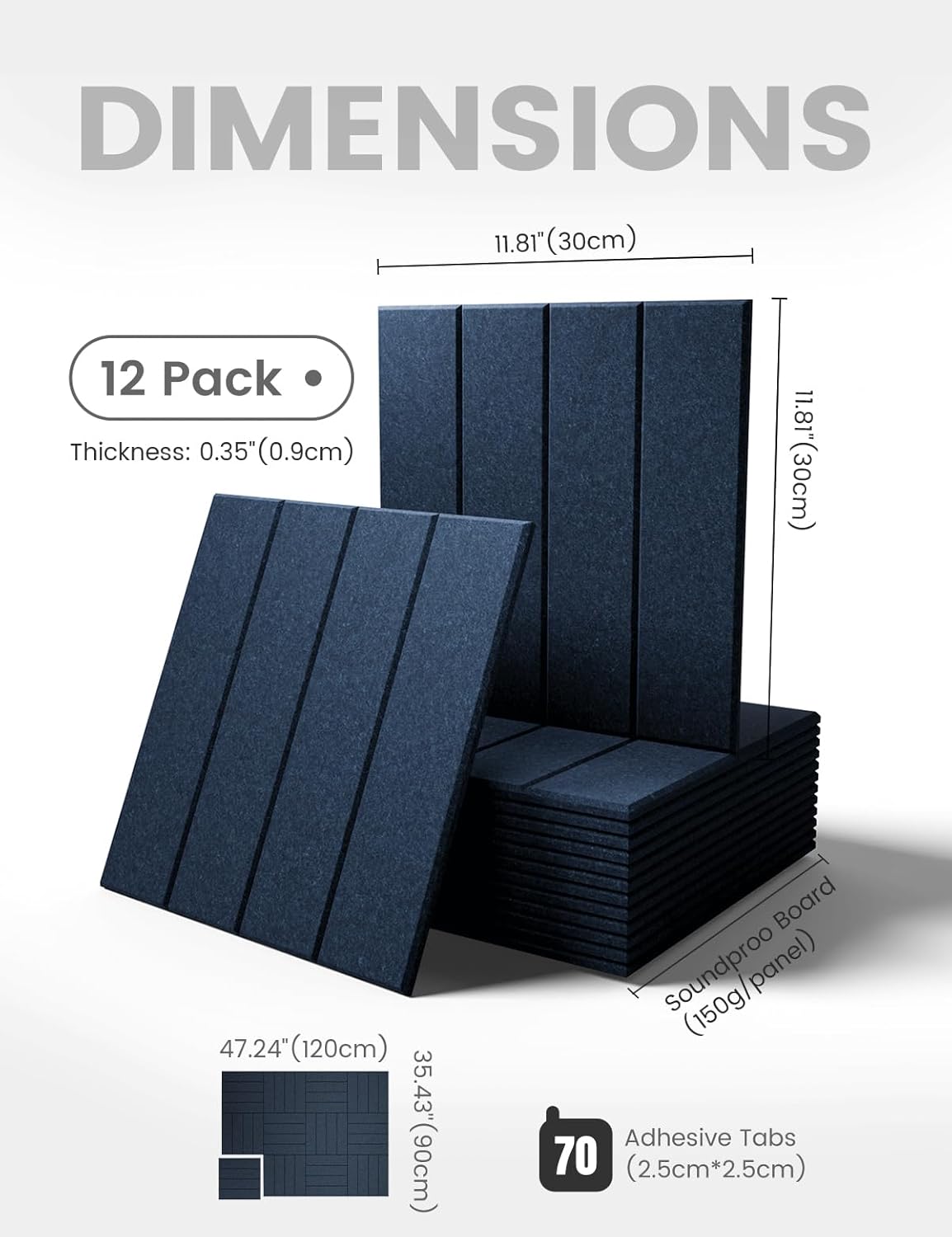 Large Felt Bulletin Board 48" x 36" Cork Board Alternative-12 Pack with 70 Safe Removable Adhesive Tabs, Cork Boards for Walls Cork Board for Home Office Classroom Pin Board-Carbon Blue