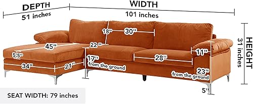 Miniatura 8 de Casa Andrea Milano Moderno sofá seccional grande en forma de L de terciopelo, con diván extra ancho