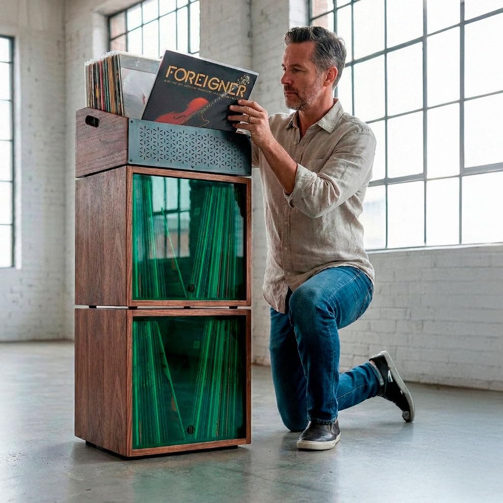 Set modulare per dischi in vinile | 2 scatole + 1 battuta +150 LP | Mobile in legno massello e acciaio al carbonio | Organizzatore ed espositore in vinile