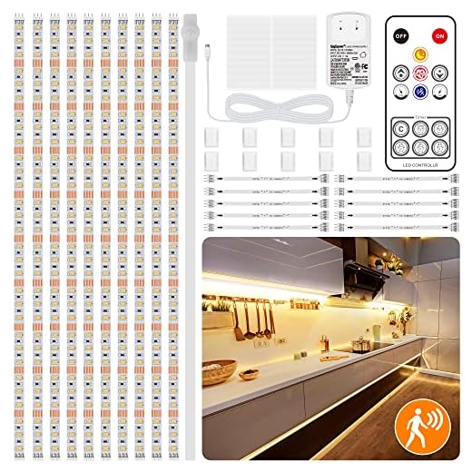 LAFULIT 10 PCS Under Cabinet Lights Kit, Motion Sensor LED Strip Lights with Remote, Dimmable and Timer Warm White Counter Lights for Kitchen Cabinets, Cupboards, Closets, Stairs, Shelf, Desk, and Bed
