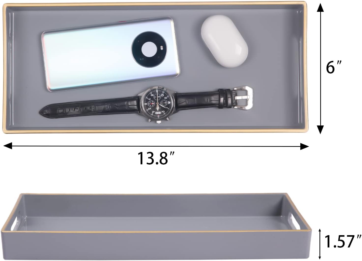 MAONAME Gray Bathroom Tray, Plastic Vanity Tray, Long Narrow Countertop Trays with Handles, Perfume Organizer Trays for Dresser, Bathroom Accessories, 13.8" x 6" x 1.57"