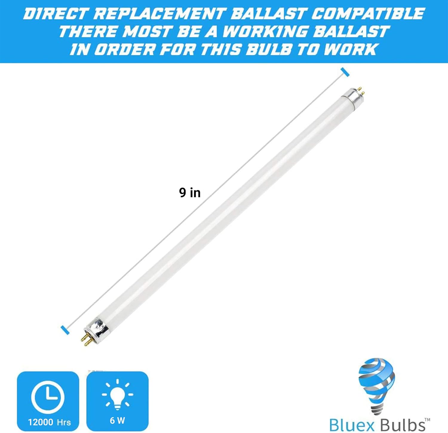 Bluex Bulbs F6T5/CW 6W T5 F6T5CW 9 Inch Light Bulb Cool White 4100k Fluorescent Light Bulb 12,000HR (2 Pack)