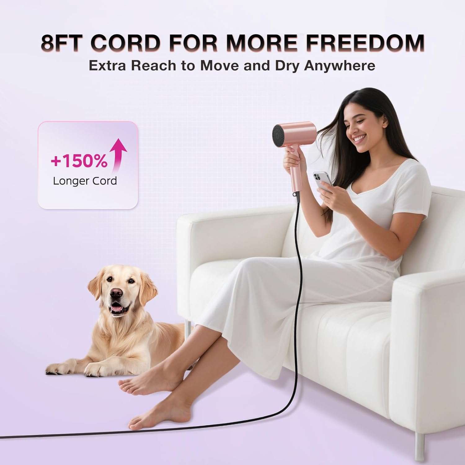 Ionic Diffuser Hair Dryer for Curly Hair, 1875W Fast Drying Blow Dryer with Diffuser and Concentrator Nozzle, Compact & Portable Negative Ion Hairdryer Blowdryer, 3 Heat 2 Speed Settings, Pink - Image 6